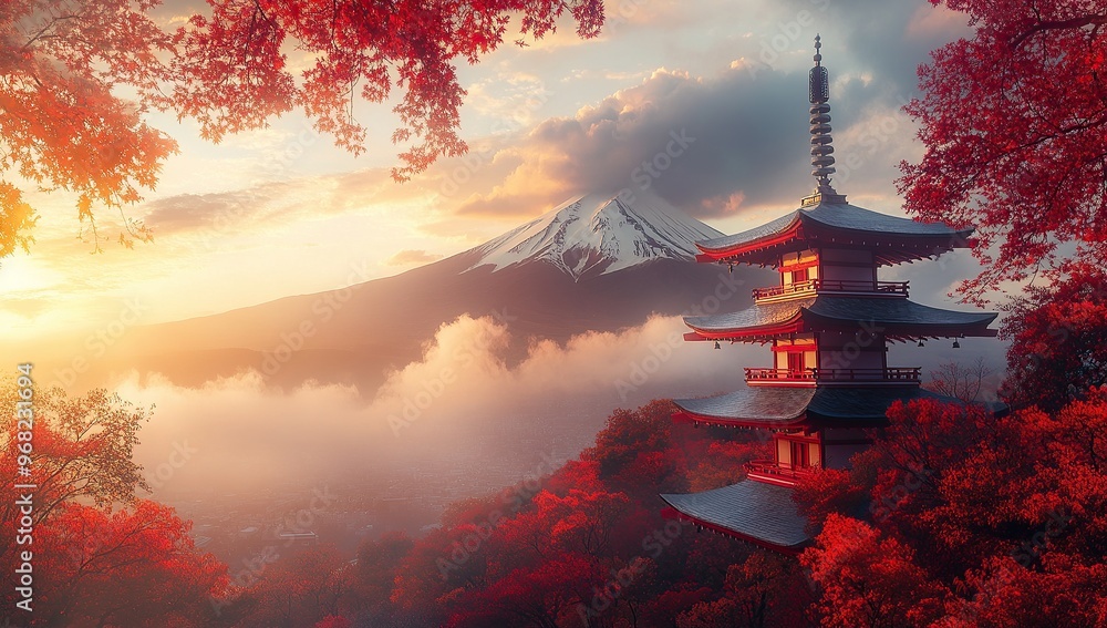 Obraz premium Cinematic shot of Chureito pagoda at sunset with Mount Fuji in the background, with red and white colours