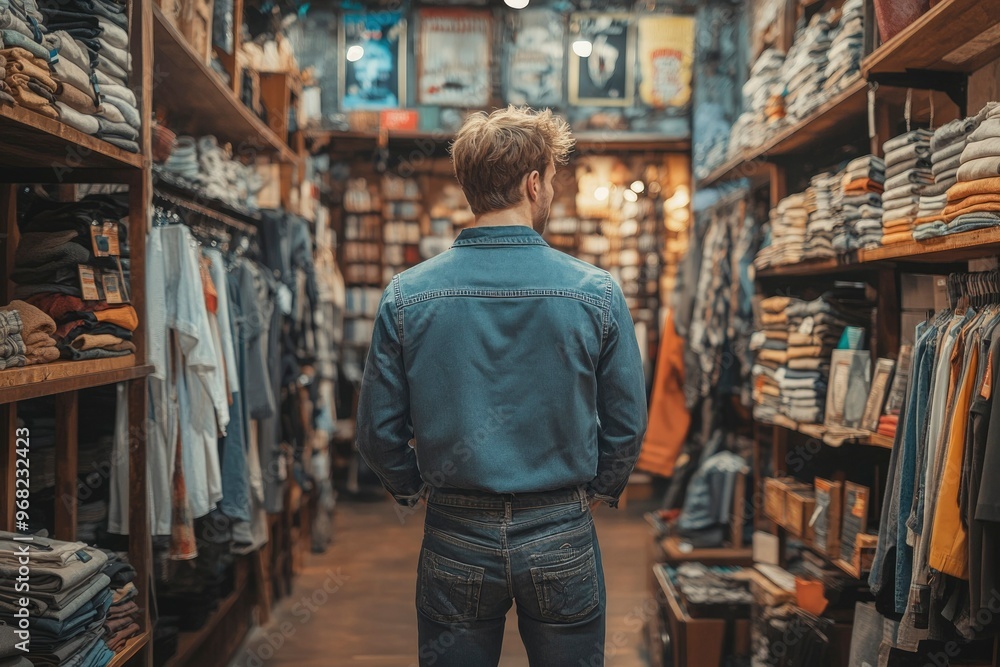 Man in Denim Shirt and Jeans Standing in Clothing Store Man in Denim Shirt and Jeans Standing in Clothing Store