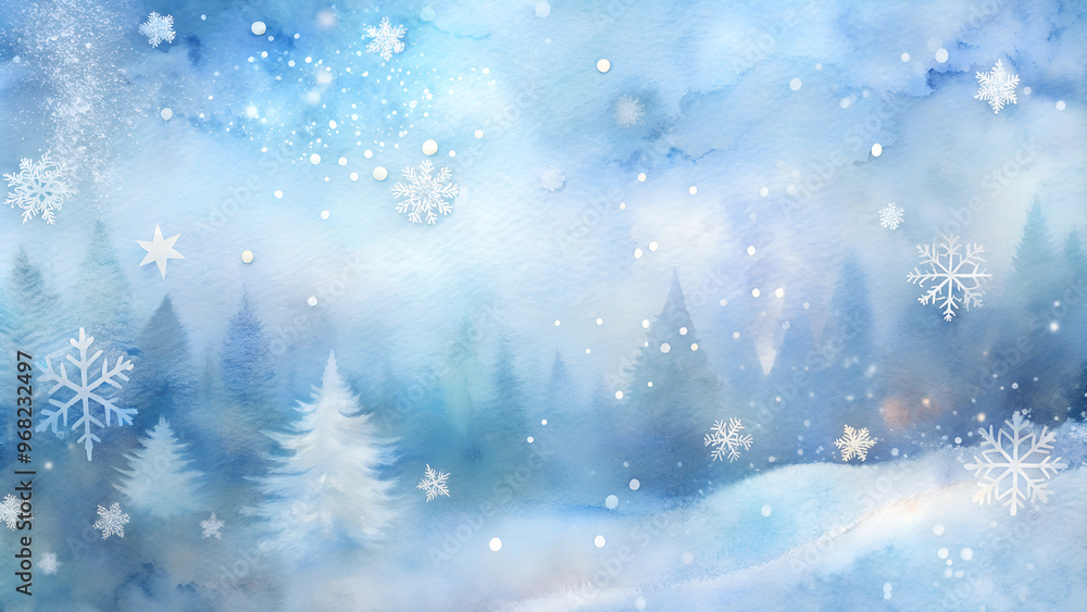 Naklejka premium Watercolor background featuring a serene winter landscape with snowy trees and delicate snowflakes, tranquil and festive 