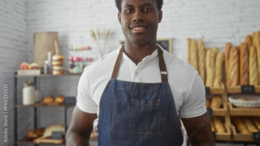 Young man in blue apron holding coffee cup and pastry in a bakery with shelves of bread in the background Young man in blue apron holding coffee cup and pastry in a bakery with shelves of bread in the background