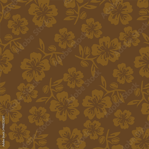 Small colorful flowers and brown flowers, hand drawn. Seamless on a light yellow background. Designed for fabric, fashion, textiles, wallpaper,