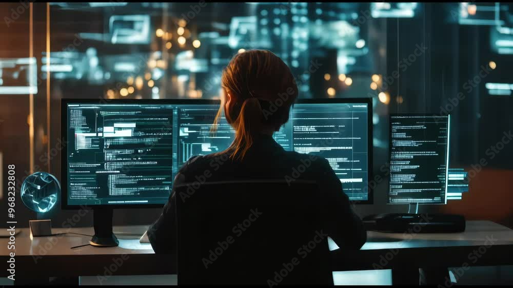 woman working with computer futuristic office movie cinematic shot high tech ai computer interface scifi room woman working with computer futuristic office movie cinematic shot high tech ai computer interface scifi room