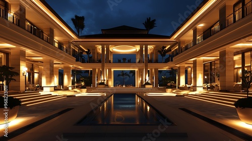 Nighttime view of a luxury hotel lobby, softly lit for elegance.