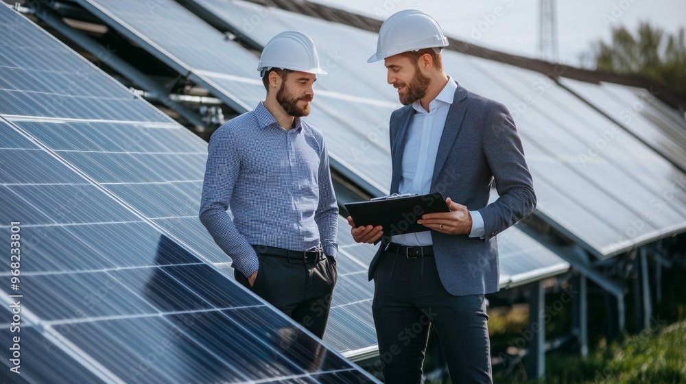 Two professionals discussing solar panel installation at a renewable energy site during a sunny day Two professionals discussing solar panel installation at a renewable energy site during a sunny day