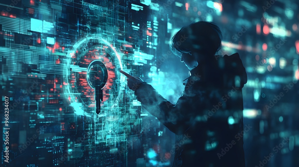 A person interacts with a digital interface, displaying holographic elements and cybersecurity themes in a futuristic environment. A person interacts with a digital interface, displaying holographic elements and cybersecurity themes in a futuristic environment.
