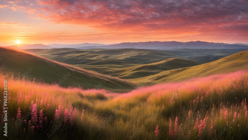 A beautiful sunset over a field of pink flowers