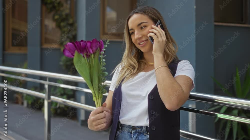 Caucasian blonde woman enjoying a phone call on a city street, holding a bouquet of purple flowers with a modern urban exterior as her backdrop. Caucasian blonde woman enjoying a phone call on a city street, holding a bouquet of purple flowers with a modern urban exterior as her backdrop.