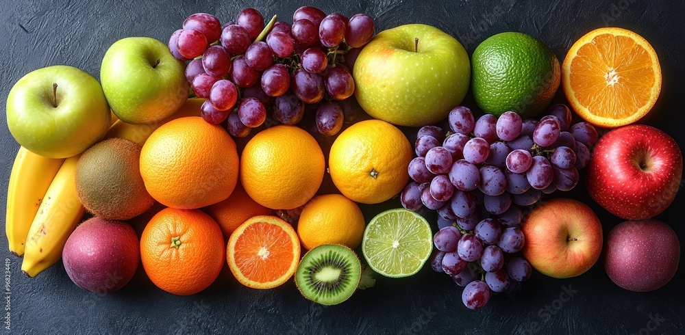 Colorful Fruits and Grapes on a Black Background Colorful Fruits and Grapes on a Black Background