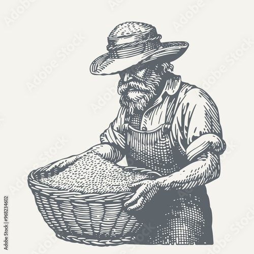 Old Man Holding a Basket Full of Grain. Vintage woodcut engraving style vector illustration.