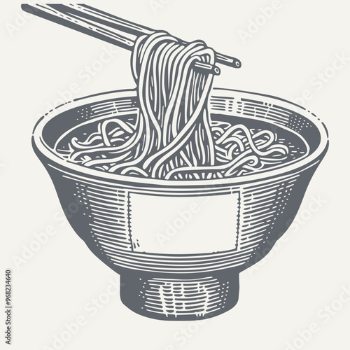 Ramen Noodles. Vintage woodcut engraving style vector illustration.