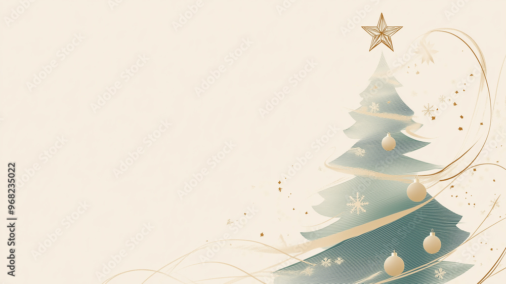 A minimalist Christmas tree with gold ornaments and ribbons on a beige background. A minimalist Christmas tree with gold ornaments and ribbons on a beige background.