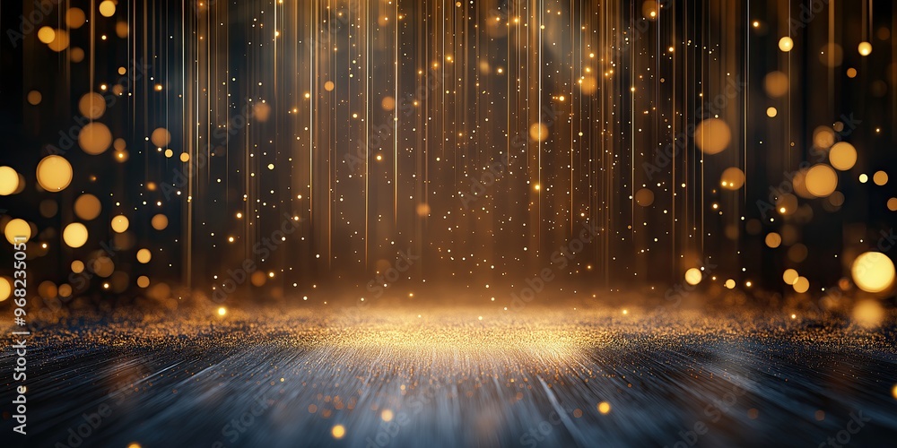 A mesmerizing backdrop of golden bokeh lights creates an enchanting atmosphere, perfect for celebrations, events, or festive design projects. Sparkling particles cascade elegantly. A mesmerizing backdrop of golden bokeh lights creates an enchanting atmosphere, perfect for celebrations, events, or festive design projects. Sparkling particles cascade elegantly.