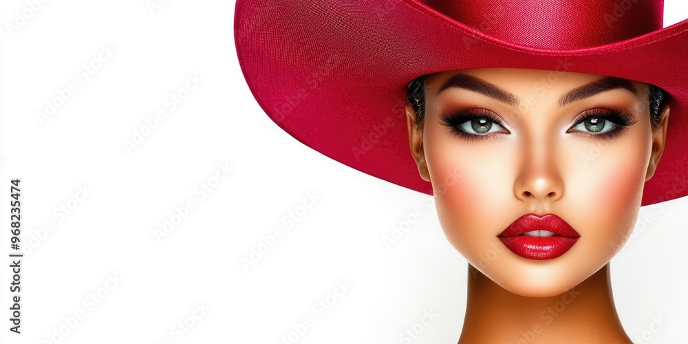 A striking young woman in a vibrant red hat showcases her beauty and confidence against a clean background, perfect for creative projects and elegant branding A striking young woman in a vibrant red hat showcases her beauty and confidence against a clean background, perfect for creative projects and elegant branding