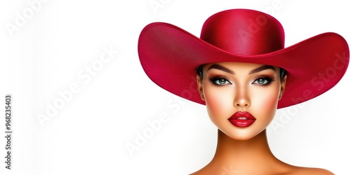 Wallpaper Mural A radiant young woman in a vibrant red hat and striking makeup, capturing elegance and style, set against a blank backdrop perfect for creative expressions at any time Torontodigital.ca