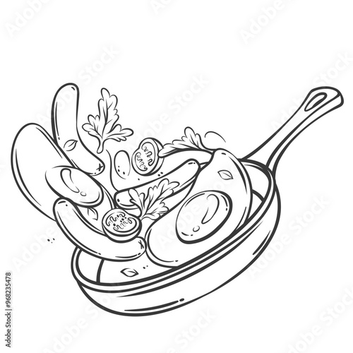 Fried eggs and sausages falling into frying pan line icon. Outline flying skillet with traditional morning food of restaurant or home. Cooking mascot, hand drawn breakfast pan vector illustration