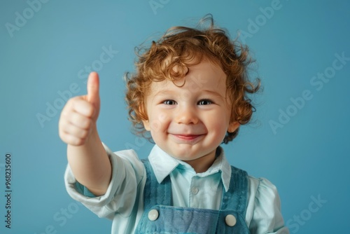 Curly boy with thumb up. A child from elementary school in uniform. Baby indoors on a blue background