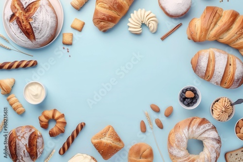 A flat lay shot of variety of French pastries and bread against pastel blue background with copyspace in the middle photo