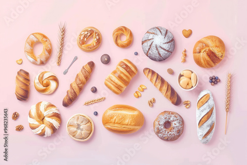 A flat lay shot of variety of French pastries and bread against pastel pink background photo