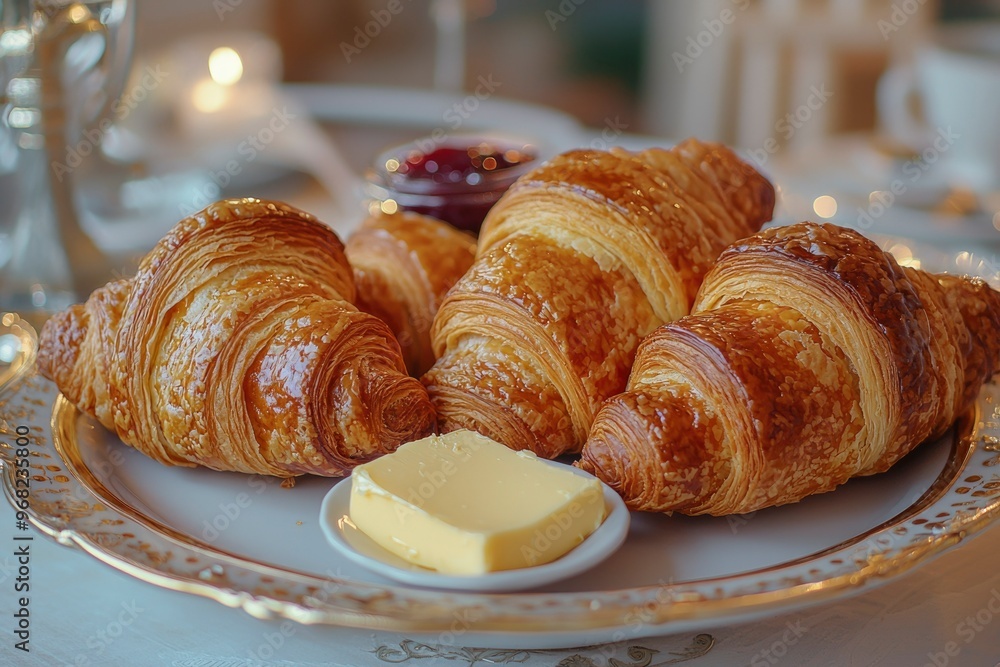 Three Buttery Croissants on a Gold-Trimmed Plate Three Buttery Croissants on a Gold-Trimmed Plate