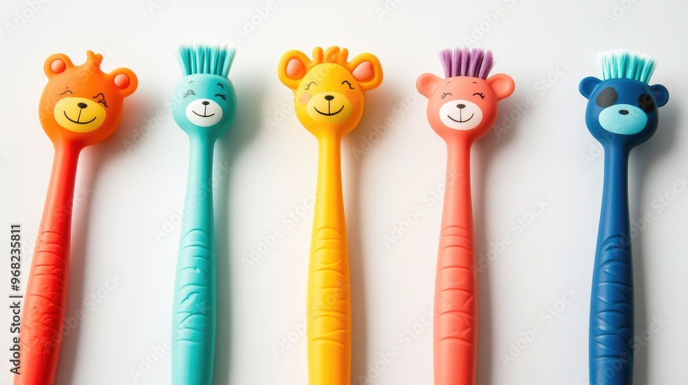 Cute kids' toothbrush with vibrant, animal-themed handles, designed to make brushing fun, displayed on a white background Cute kids' toothbrush with vibrant, animal-themed handles, designed to make brushing fun, displayed on a white background
