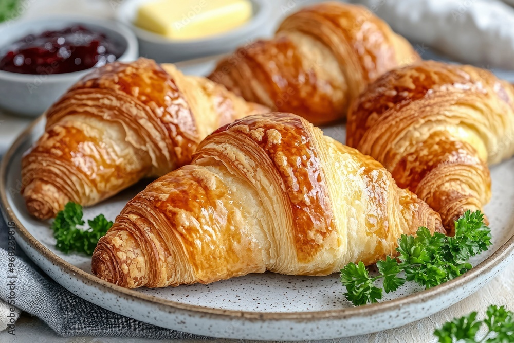Freshly Baked Croissants with Parsley Garnish on a Plate Freshly Baked Croissants with Parsley Garnish on a Plate