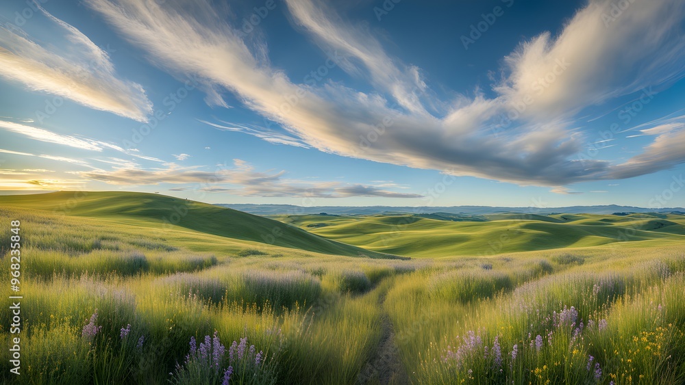 A beautiful, open field with a path running through it A beautiful, open field with a path running through it