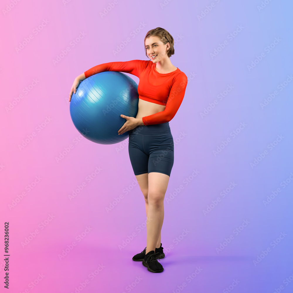 Full body length gaiety shot athletic and sporty young woman with fitness exercising ball in standing posture on isolated background. Healthy active and body care lifestyle. Full body length gaiety shot athletic and sporty young woman with fitness exercising ball in standing posture on isolated background. Healthy active and body care lifestyle.