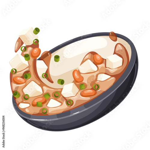 Flying cartoon bowl of tofu cubes with spicy sauce and beans. Spicy gravy, vegetable and tofu falling on plate. Vegan Asian food mascot, cartoon gourmet curry with paneer vector illustration