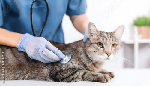 Hand focus close up Veterinary Cardiology. Nurse woman at vet clinic conducting routine heart health screening for cat, listening to pet's heart.