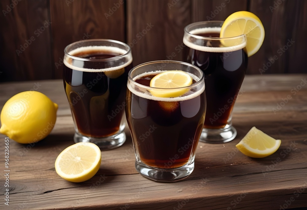 A dark brown beer being poured into two chilled glasses on a rough-hewn wooden table, with vibrant lemon slices placed strategically around, as sunlight filters through a nearby window. A dark brown beer being poured into two chilled glasses on a rough-hewn wooden table, with vibrant lemon slices placed strategically around, as sunlight filters through a nearby window.