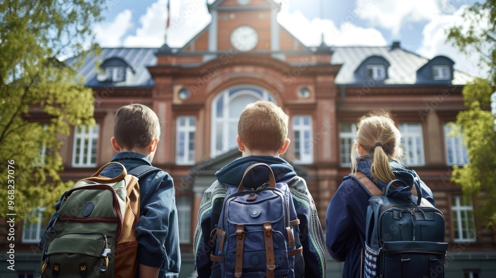 A group of children with backpacks on their backs walks towards the school building. A group of children with backpacks on their backs walks towards the school building.