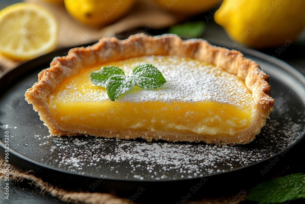 A Slice of Lemon Tart with Powdered Sugar and Mint A Slice of Lemon Tart with Powdered Sugar and Mint