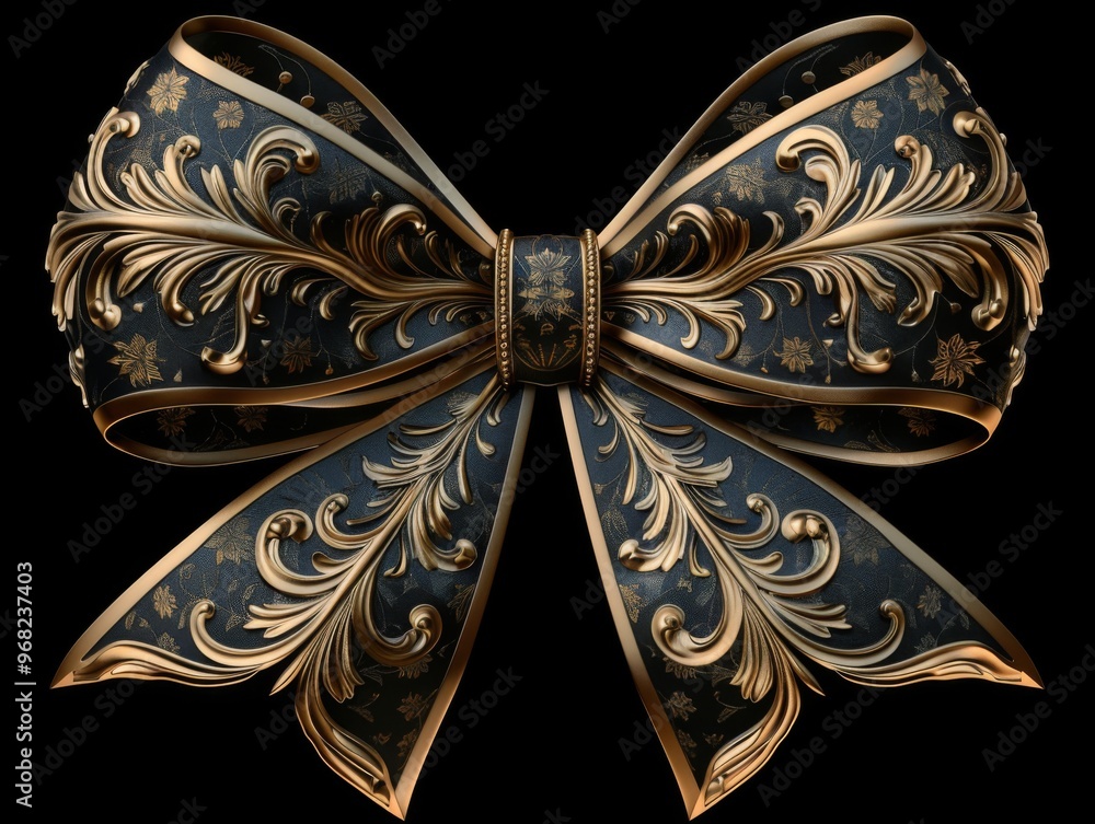 Elegant Black and Gold Decorative Bow with Intricate Floral Patterns on a Black Background. Elegant Black and Gold Decorative Bow with Intricate Floral Patterns on a Black Background.