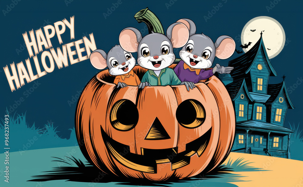 Cute Cartoon Mice in Halloween Pumpkin with Haunted House and Full Moon. Cute Cartoon Mice in Halloween Pumpkin with Haunted House and Full Moon.