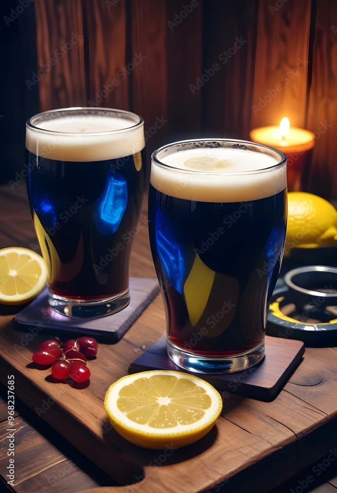 A dark brown beer being poured into two chilled glasses on a rough-hewn wooden table, with vibrant lemon slices placed strategically around, as sunlight filters through a nearby window. A dark brown beer being poured into two chilled glasses on a rough-hewn wooden table, with vibrant lemon slices placed strategically around, as sunlight filters through a nearby window.