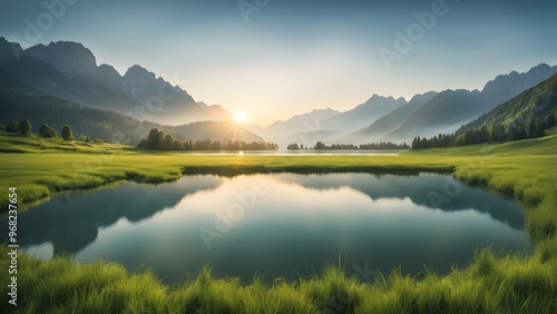 A large body of water with a sun reflecting on it