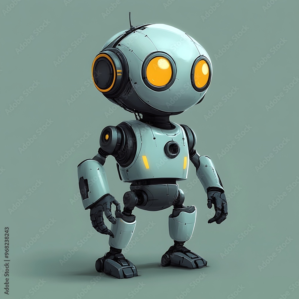 Cute cartoon robot with big eyes and a friendly expression, standing on a green background Cute cartoon robot with big eyes and a friendly expression, standing on a green background