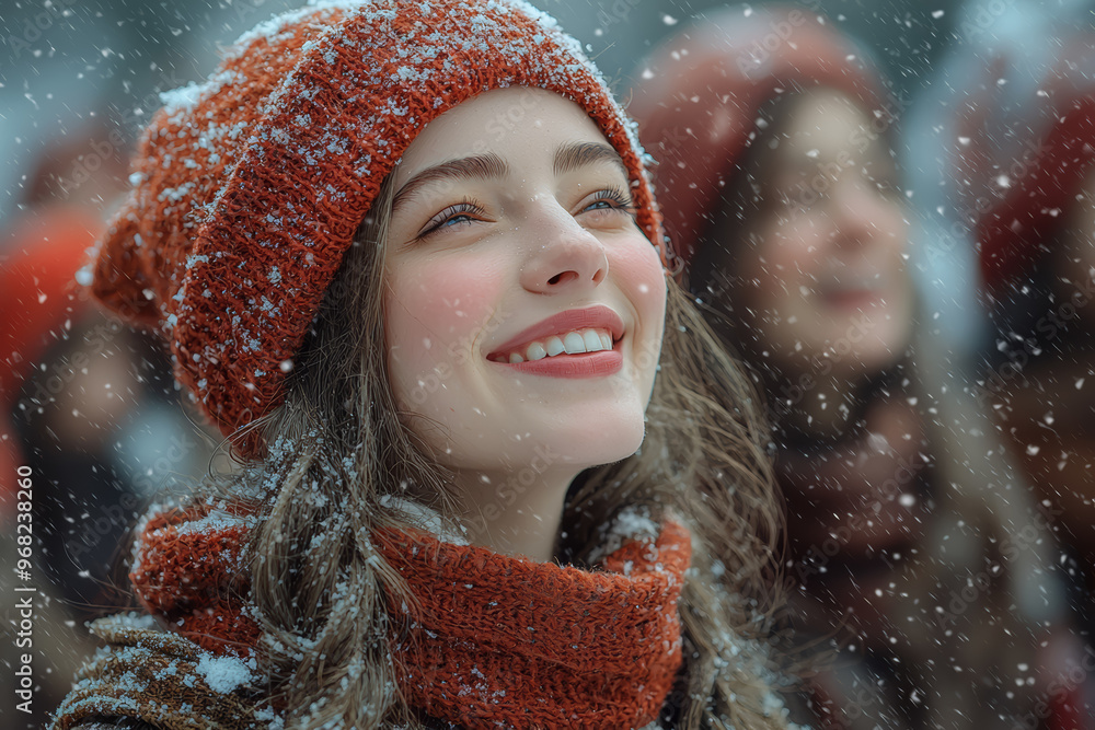 A group of carolers singing joyfully on a snow-covered street, spreading holiday cheer to passersby. Concept of music bringing people together during the holidays. A group of carolers singing joyfully on a snow-covered street, spreading holiday cheer to passersby. Concept of music bringing people together during the holidays.
