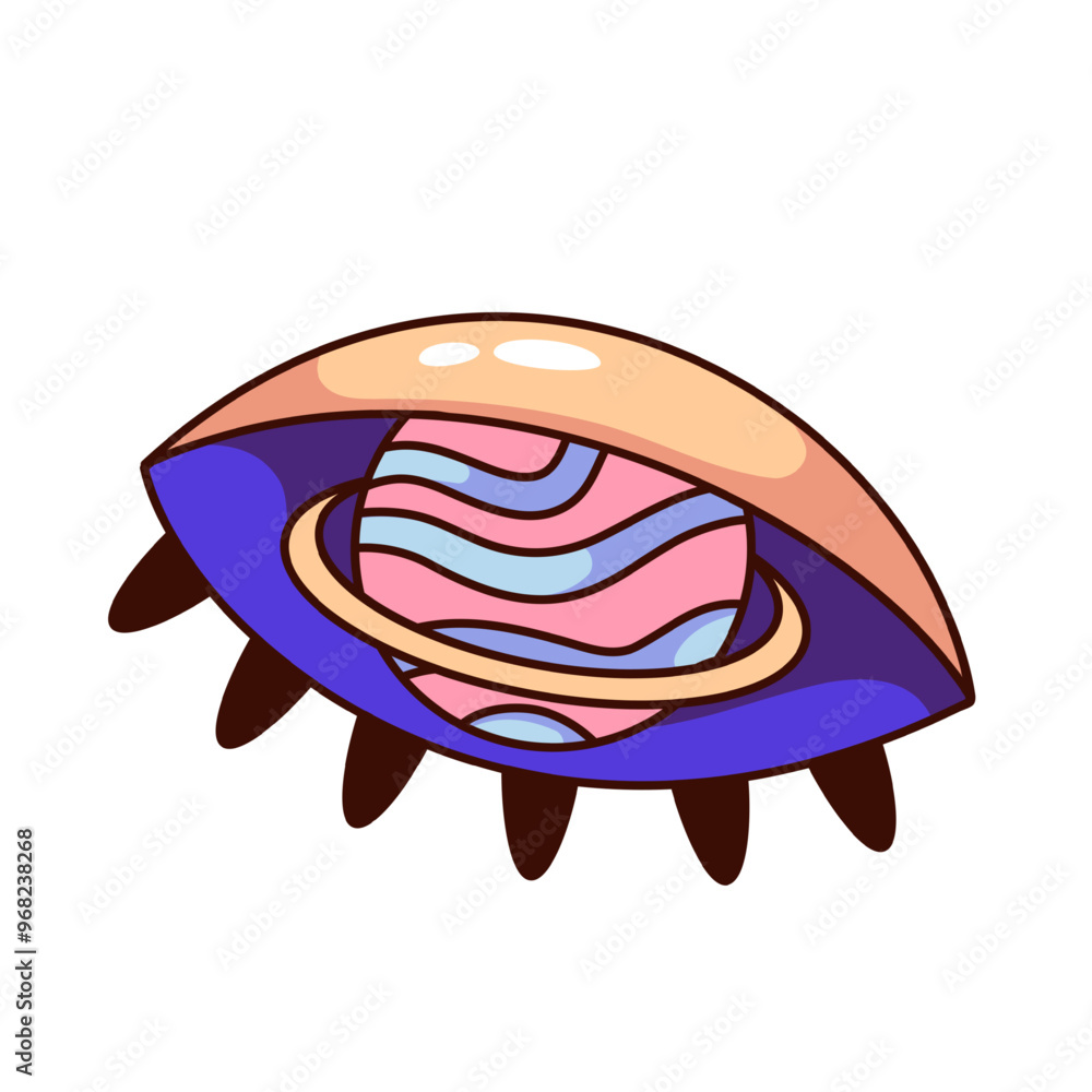 Groovy cartoon alien eye with psychedelic pupil in shape of planet. Funny retro trippy magic look. Hippie space, hallucination mascot, cartoon eye sticker of 70s 80s style vector illustration Groovy cartoon alien eye with psychedelic pupil in shape of planet. Funny retro trippy magic look. Hippie space, hallucination mascot, cartoon eye sticker of 70s 80s style vector illustration