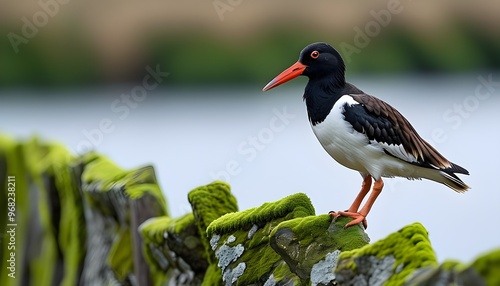 Oystercatcher perched gracefully on a moss-covered stone fence photo