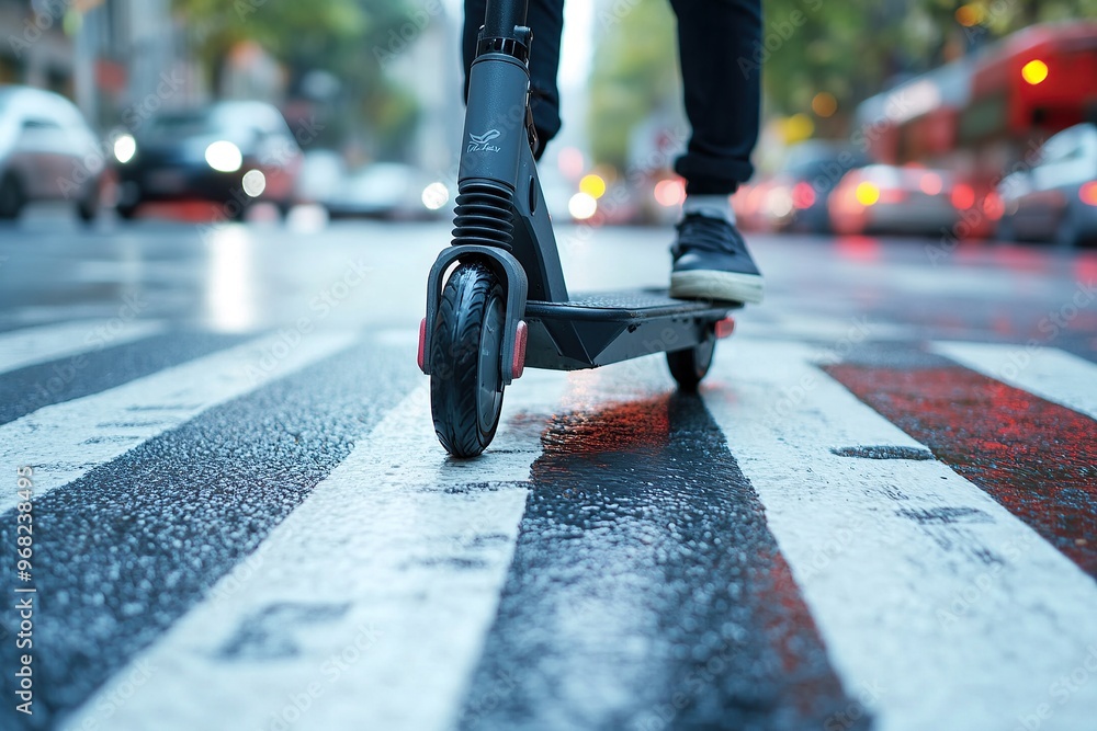 Naklejka premium Close up of person riding electric scooter on city street with bike lane painted in white lines