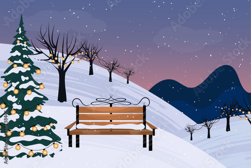 Winter city park with wooden bench. Urban empty public garden landscape garlands and Streetlights lamppost and Christmas tree
