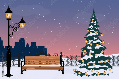 Winter city park with wooden bench. Urban empty public garden landscape garlands and Streetlights lamppost and Christmas tree