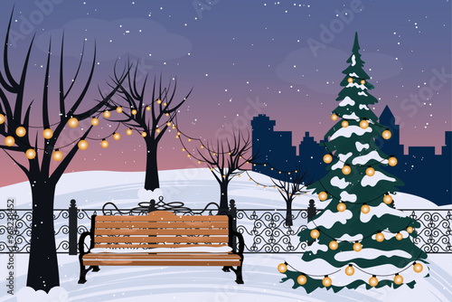 Winter city park with wooden bench. Urban empty public garden landscape garlands and Streetlights lamppost and Christmas tree