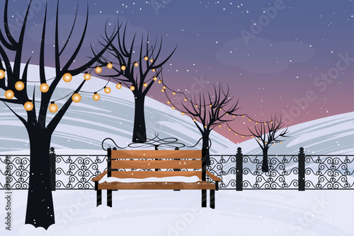 Winter city park with wooden bench. Urban empty public garden landscape garlands on trees and Streetlights lamppost 