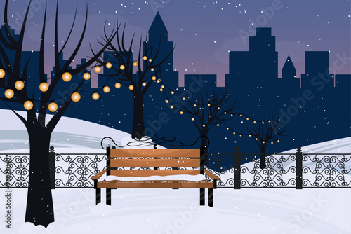 Winter city park with wooden bench. Urban empty public garden landscape garlands on trees and Streetlights lamppost 