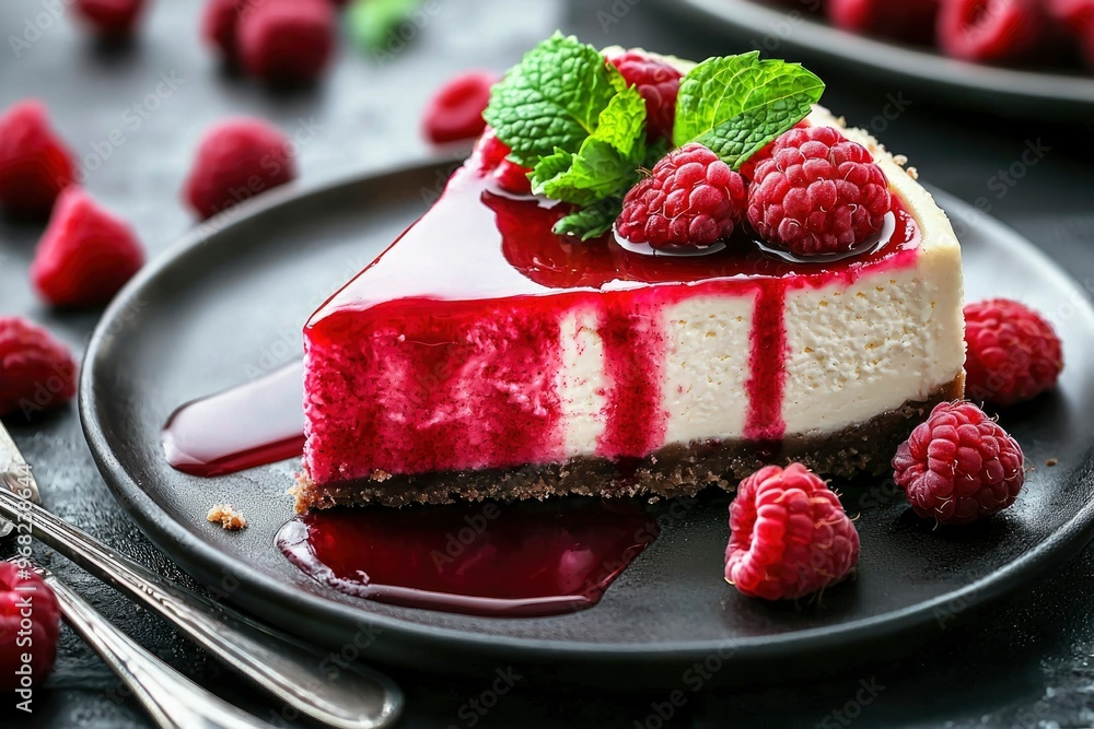 Raspberry Cheesecake Slice with Red Glaze and Mint Garnish Raspberry Cheesecake Slice with Red Glaze and Mint Garnish