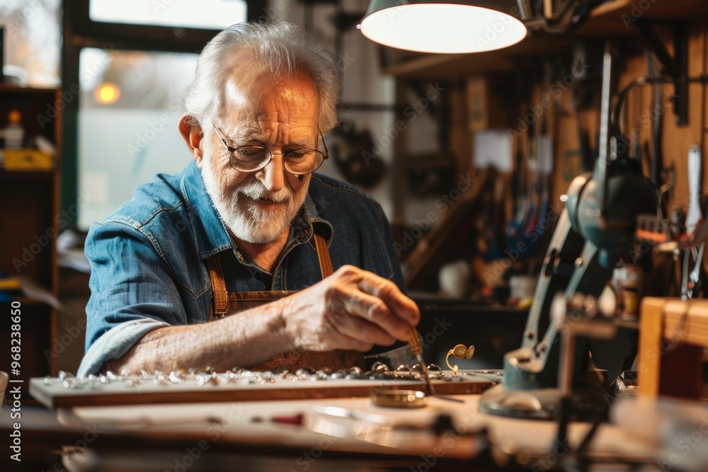 Senior jeweler crafting exquisite jewelry in a well-equipped workshop during daylight hours Senior jeweler crafting exquisite jewelry in a well-equipped workshop during daylight hours
