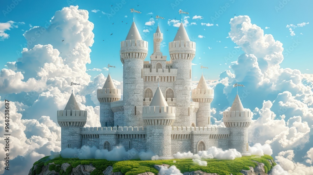 Obraz premium A fantastic castle with turrets and flags, set against a clear blue sky with fluffy white clouds.