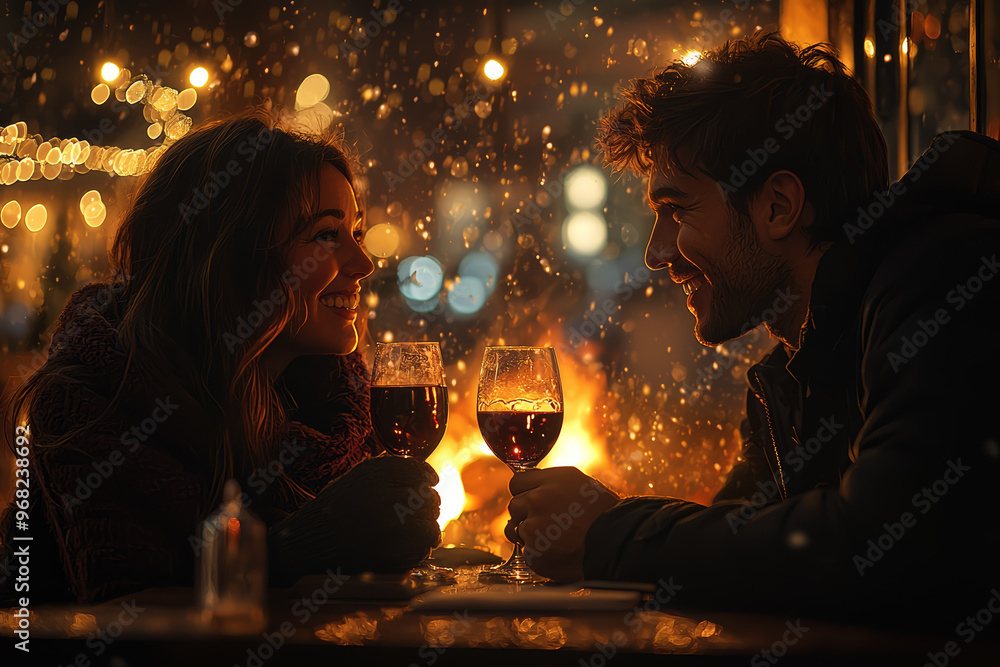 A couple enjoying a quiet evening by the fire, sipping wine and listening to Christmas music. Concept of intimacy and peaceful holiday moments. A couple enjoying a quiet evening by the fire, sipping wine and listening to Christmas music. Concept of intimacy and peaceful holiday moments.